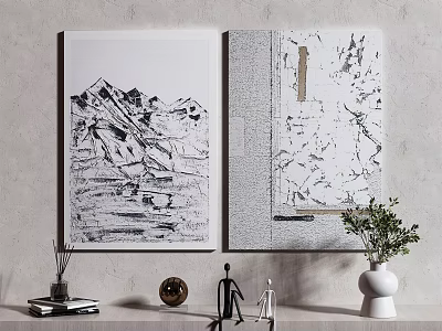 Black And White Wall Artworks With Shelf Decorations And Potted Plant 3d model
