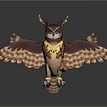 Flying Owl with Red and Brown Feathers and Golden Decorations Spread Wings