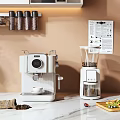 Elegant White Kitchen Appliances With Coffee Machine Grinder And Marble Countertop Flower Bouquet