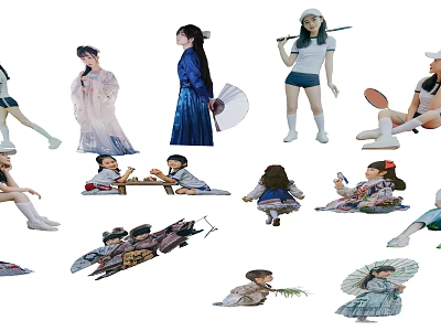 Diverse Group of Characters in Traditional and Modern Attires With Poses Holding Fans and Rackets 3d model