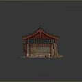 Traditional Building Model With Green Tiled Roof Red Pillars Stone Walls Firewood And Wooden Buckets