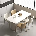 Modern Dining Table Set With White Tabletop Beige White Chairs Fruit Bowl And Glass Vase