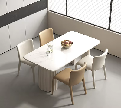 Modern Dining Table Set With White Tabletop Beige White Chairs Fruit Bowl And Glass Vase 3d model