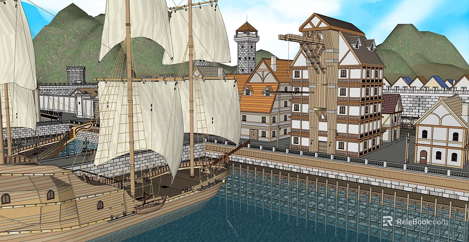 European Architecture With Sailing Ship Wooden Dock And Orange Roof Buildings 3d model 