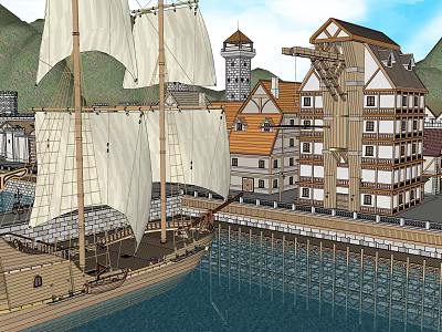 European Architecture With Sailing Ship Wooden Dock And Orange Roof Buildings 3d model