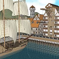 European Architecture With Sailing Ship Wooden Dock And Orange Roof Buildings