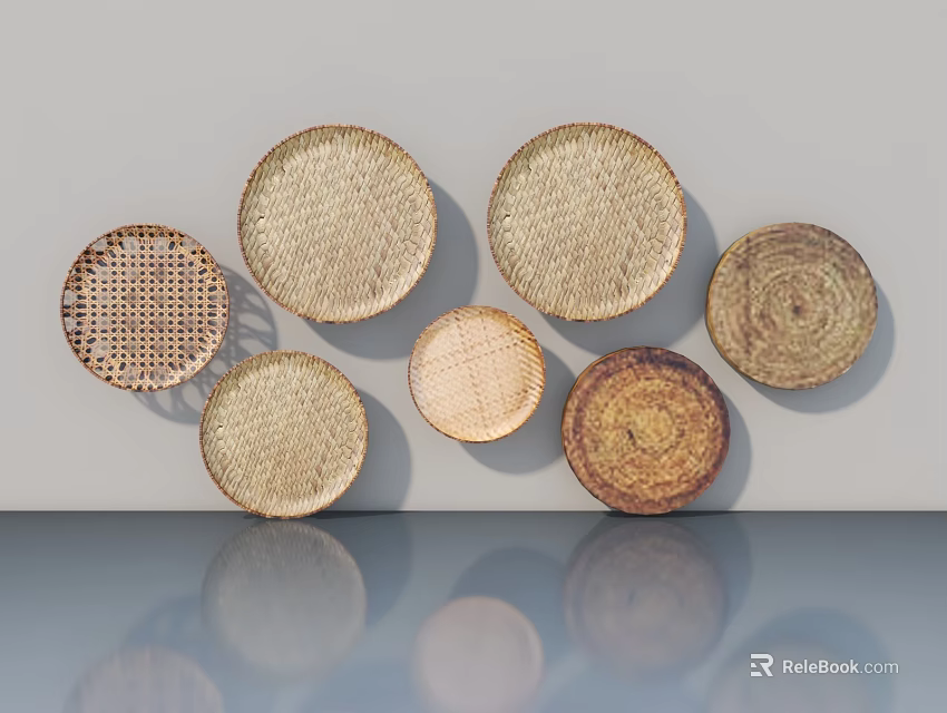 Round Woven Plates With Various Textures Hanging On Gray Wall With Reflections 3d model