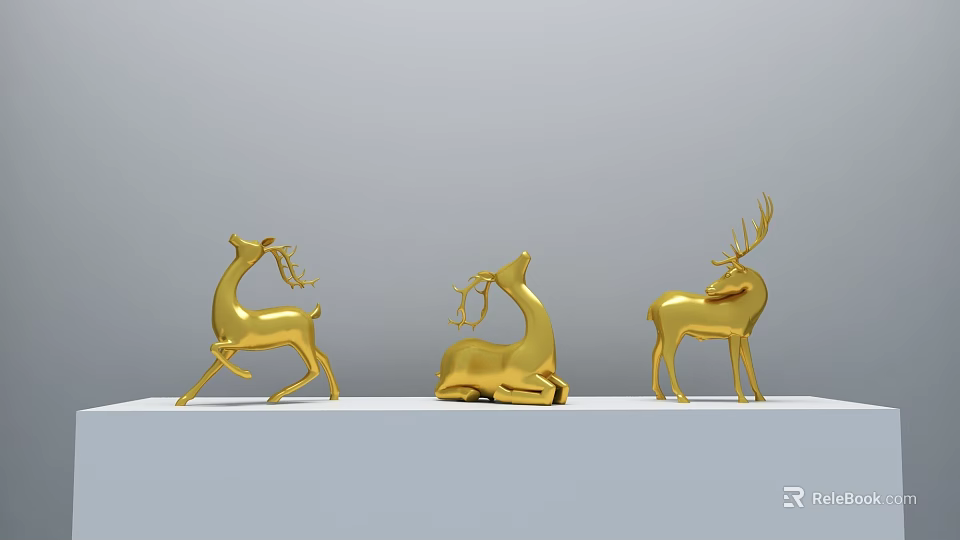 Golden Deer Sculpture Carvings With Three Different Poses On White Stand 3d model 