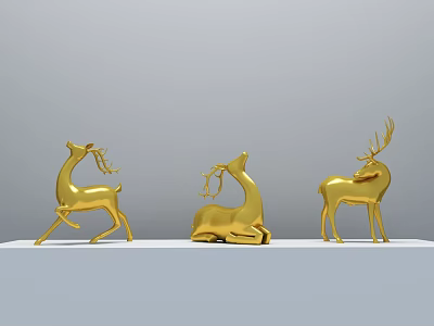 Golden Deer Sculpture Carvings With Three Different Poses On White Stand 3d model