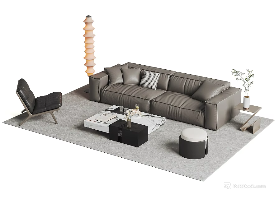 Modern Grey Sofa Set with Armchair Coffee Table Floor Lamp and Potted Plant on Rug 3d model 
