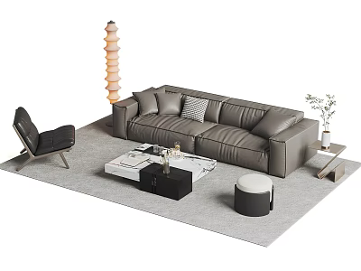 Modern Grey Sofa Set with Armchair Coffee Table Floor Lamp and Potted Plant on Rug 3d model