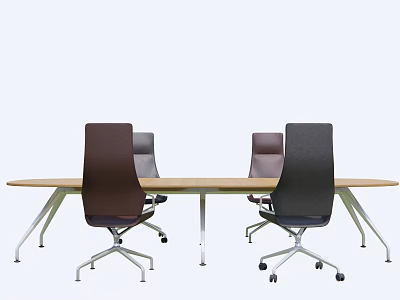 Modern Conference Table With Wooden Top Metal Legs And Black Brown Rolling Office Chairs 3d model