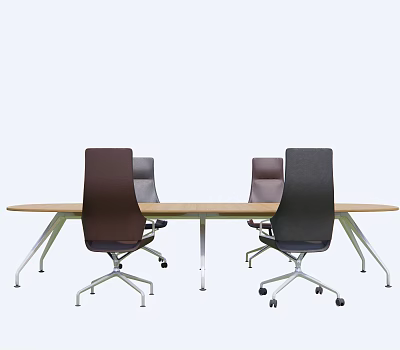 Modern Conference Table With Wooden Top Metal Legs And Black Brown Rolling Office Chairs 3d model