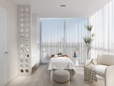 Relaxing Modern SPA Sauna Interior With Massage Table Green Plants And Large Windows 3d model