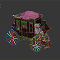 Vintage Red Carriage with Four Large Wheels Light Colored Roof Cover and Retro Decorative Details