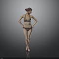 Woman In Brown Bikini With Updo Hairstyle Posing In Grey Background Wearing High Heels