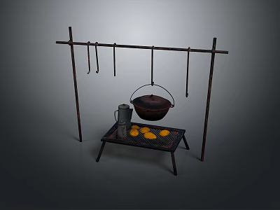 Outdoor Cooking Equipment with Metal Stand Hooks Hanging Iron Pot Small Table Metal Container Fruits 3d model