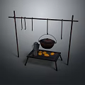 Outdoor Cooking Equipment with Metal Stand Hooks Hanging Iron Pot Small Table Metal Container Fruits