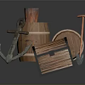 Rustic Wooden Barrels With Lidded Treasure Chest And Metal Anchor Decor