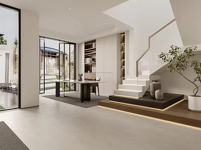 Modern Open Study Room Interior With Large Windows Garden View Desk And Bookshelves 3d model