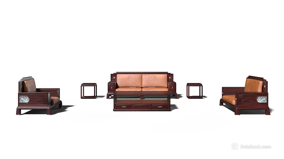 Classic Solid Wood Sofa and Coffee Table Set Including Loveseat Armchair and Side Tables 3d model
