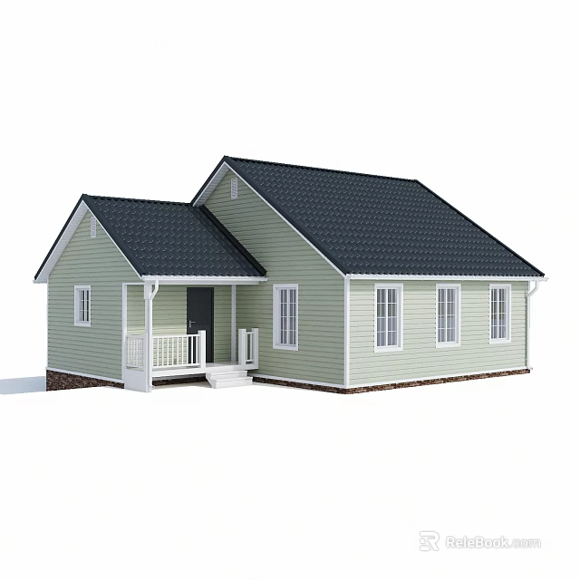 Wooden House Exterior Design With Light Green Walls Black Roof White Porch And Windows 3d model 