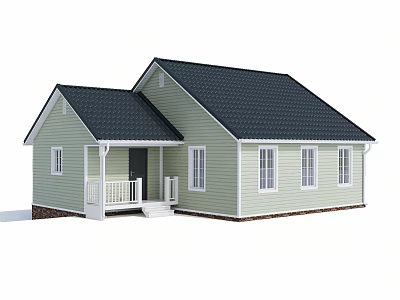 Wooden House Exterior Design With Light Green Walls Black Roof White Porch And Windows 3d model