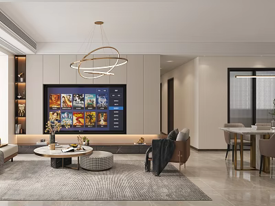 Modern Living and Dining Area Interior With Large Screen TV Decorative Paintings And Circular Chandelier 3d model
