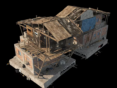 Dilapidated Abandoned Building With Broken Roof Scaffolding Brick Walls And Blue Tarp 3d model