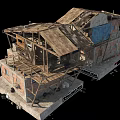 Dilapidated Abandoned Building With Broken Roof Scaffolding Brick Walls And Blue Tarp