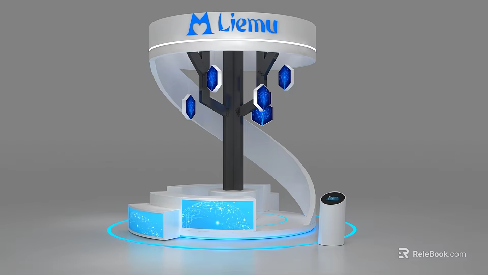 Liemu Exhibition Booth With Spiral Design Blue Hexagonal Decorations And Illuminated Base White Cylindrical Device 3d model 