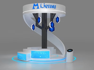Liemu Exhibition Booth With Spiral Design Blue Hexagonal Decorations And Illuminated Base White Cylindrical Device 3d model