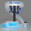Liemu Exhibition Booth With Spiral Design Blue Hexagonal Decorations And Illuminated Base White Cylindrical Device