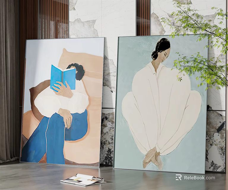 Figurative Paintings Featuring Seated Person in White Robe and Reading Figure with Blue Book 3d model 