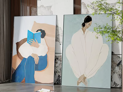Figurative Paintings Featuring Seated Person in White Robe and Reading Figure with Blue Book 3d model