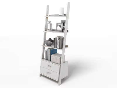 White Multi Tiered Storage Shelf Unit With Drawers And Decorative Items On Shelves 3d model