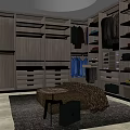 Modern Spacious Walk-in Closet With Wooden Shelves Drawers Hanging Rods Carpet And Small Table