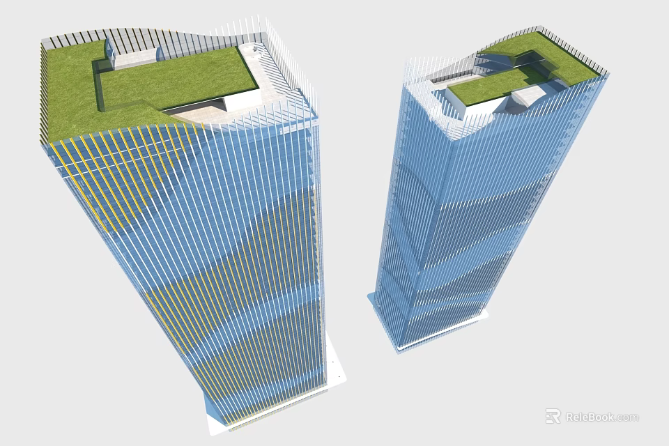 Modern Tall Office Buildings With Blue Facade And Green Roof Design 3d model 