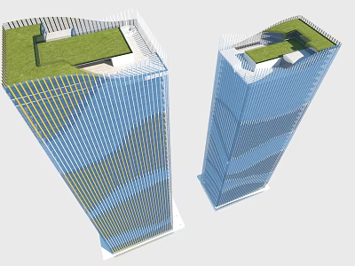 Modern Tall Office Buildings With Blue Facade And Green Roof Design 3d model