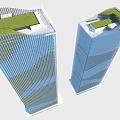 Modern Tall Office Buildings With Blue Facade And Green Roof Design