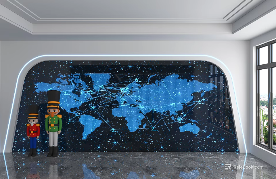 Modern World Map Background Wall With Connected Lines Stars And Nutcracker Figures On Marble Floor 3d model 