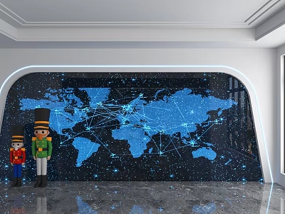Modern World Map Background Wall With Connected Lines Stars And Nutcracker Figures On Marble Floor 3d model