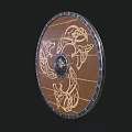Round Brown Wooden Shield With Silver Metal Rim Celtic Patterns And Central Metal Decoration