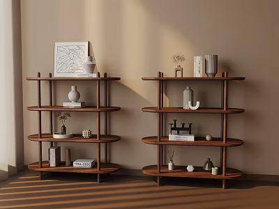 Minimalist Wooden Shelves With Decorative Items Books Vases Against Beige Wall And Sunlight 3d model