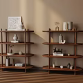 Minimalist Wooden Shelves With Decorative Items Books Vases Against Beige Wall And Sunlight