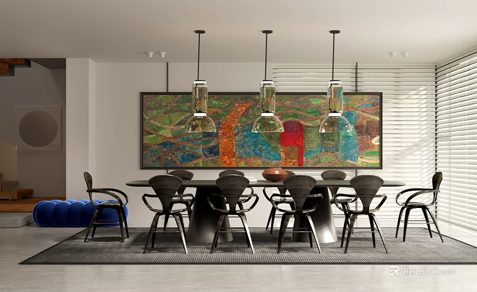 Modern Restaurant Interior With Round Dining Table Colorful Mural And Pendant Lights 3d model 