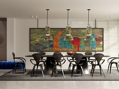 Modern Restaurant Interior With Round Dining Table Colorful Mural And Pendant Lights 3d model