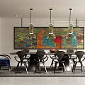 Modern Restaurant Interior With Round Dining Table Colorful Mural And Pendant Lights
