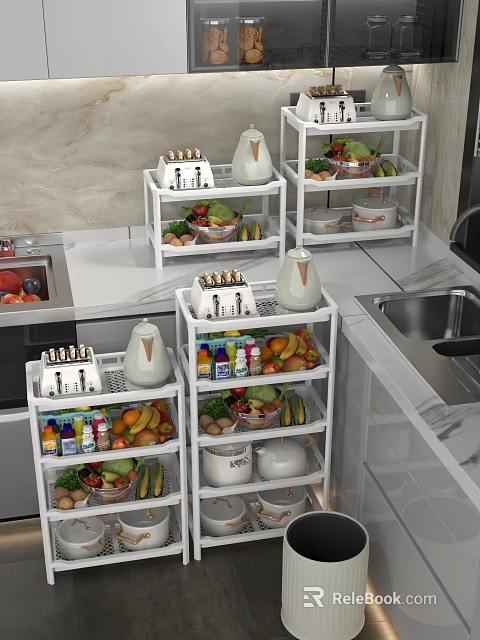 White Multi Tiered Kitchen Shelves Featuring Dinnerware Set Fresh Fruits Vegetables And Condiment Bottles 3d model 