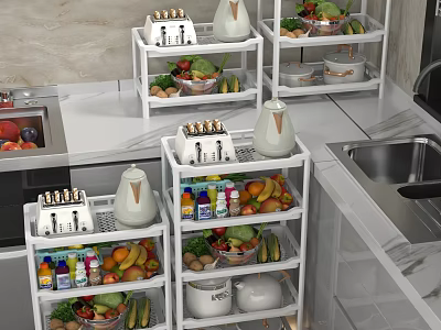 White Multi Tiered Kitchen Shelves Featuring Dinnerware Set Fresh Fruits Vegetables And Condiment Bottles 3d model